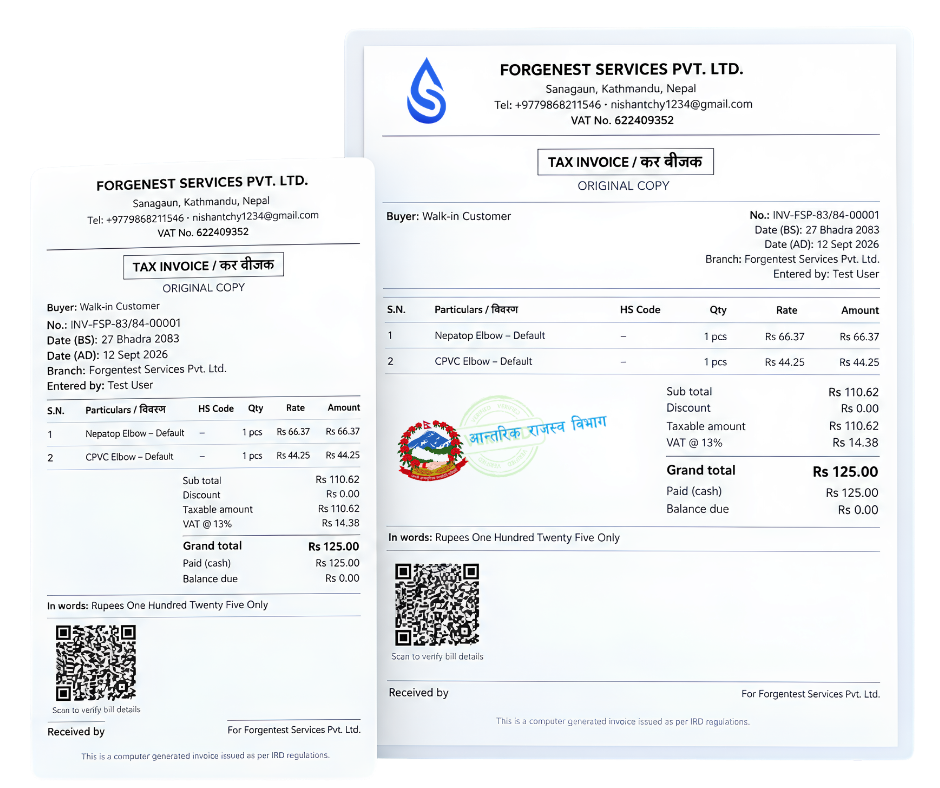 A Srota tax invoice showing VAT breakdown, a verification QR code and the Inland Revenue Department stamp